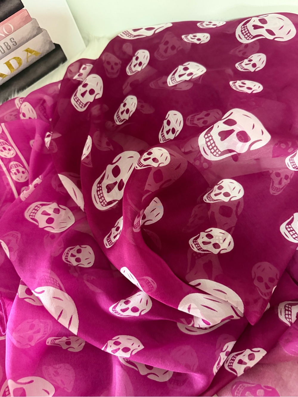 Alexander McQueen white Skull Print Wrap Silk Scarf.